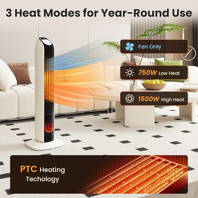Zynkez 33" Space Heaters for Indoor Use Large Room, 1500W PTC Tower Fireplace - Image 4