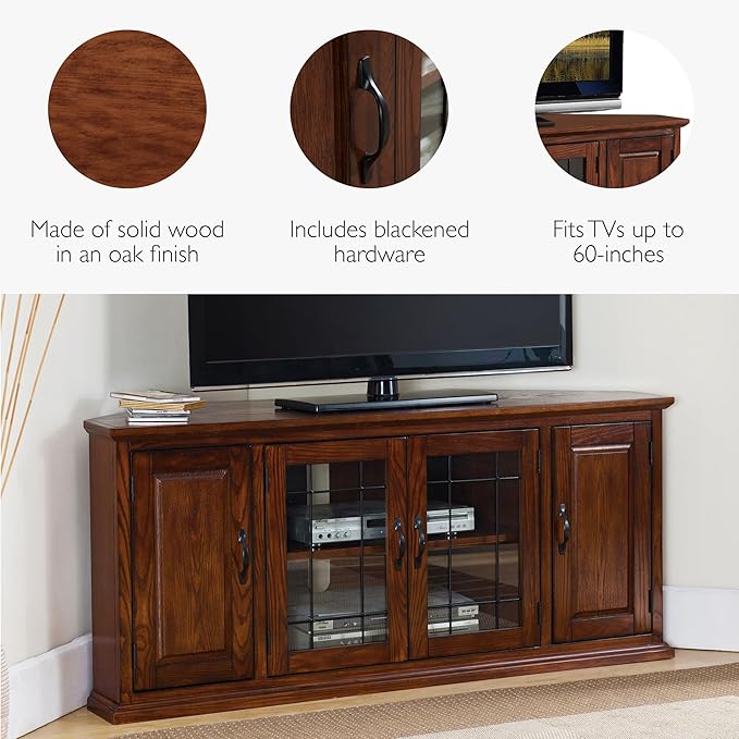 Leick Home Riley Corner TV Stand 60 in, Burnished Oak, Solid Wood, Beveled - Image 6