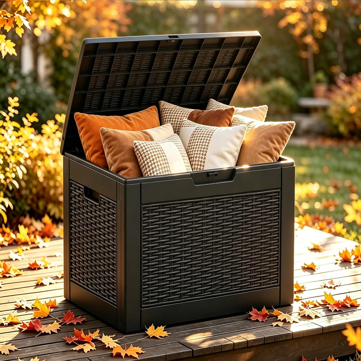 kamaboko outdoor storage box, 34 gallon deck box shown in use