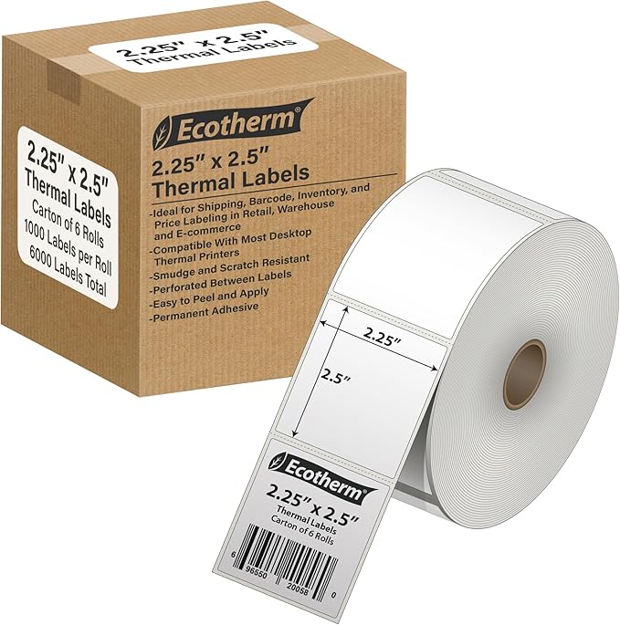 2.25" x 2.5" Thermal Labels | 6 Rolls | 6000 Labels | fits Zebra, Offnova by EcothermProducts