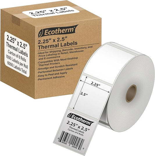 2.25" x 2.5" Thermal Labels | 6 Rolls | 6000 Labels | fits Zebra, Offnova by EcothermProducts