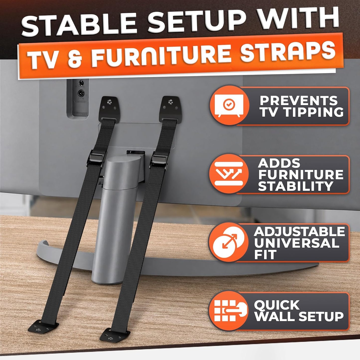 TV Safety Straps for Flat Screen, Anti-Tip, Adjustable 19 to 39 In | Wall Anchor Straps Hold Big Screen TVs Up to 330 Lbs - Flexible Nylon, Wear-Resistant, and Easy Setup for Furniture Anchoring