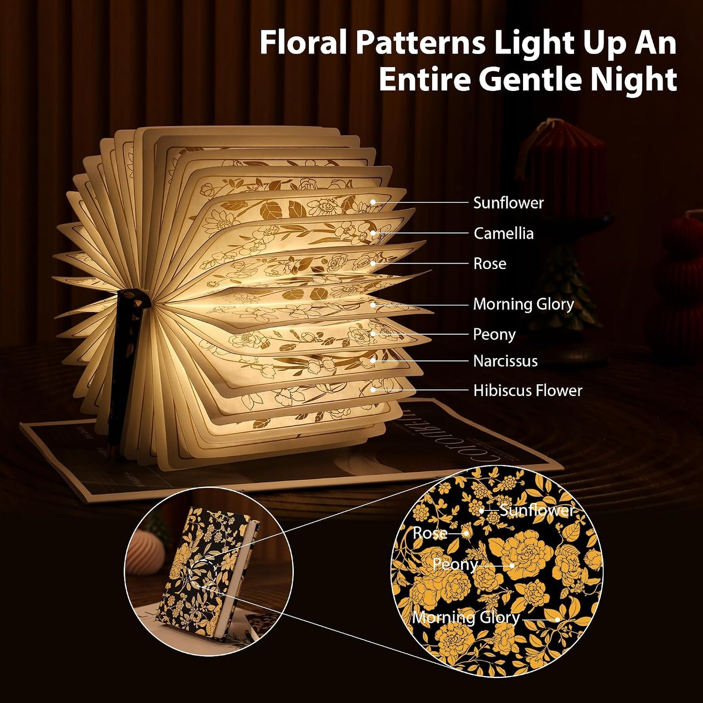 Book Lover Gift, Folding Book Lamp Decor, Portable Print Book Light | 1200mAh Rechargeable Night Light, Paper Desk Lamp, Reading Bookshelf Lamp, Gift for Women & Readers & Christmas (Black）