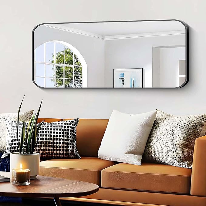 Bathroom Mirror, 48 x 24 inch Black Rectangle Wall Mirror, Metal Framed - Image 2