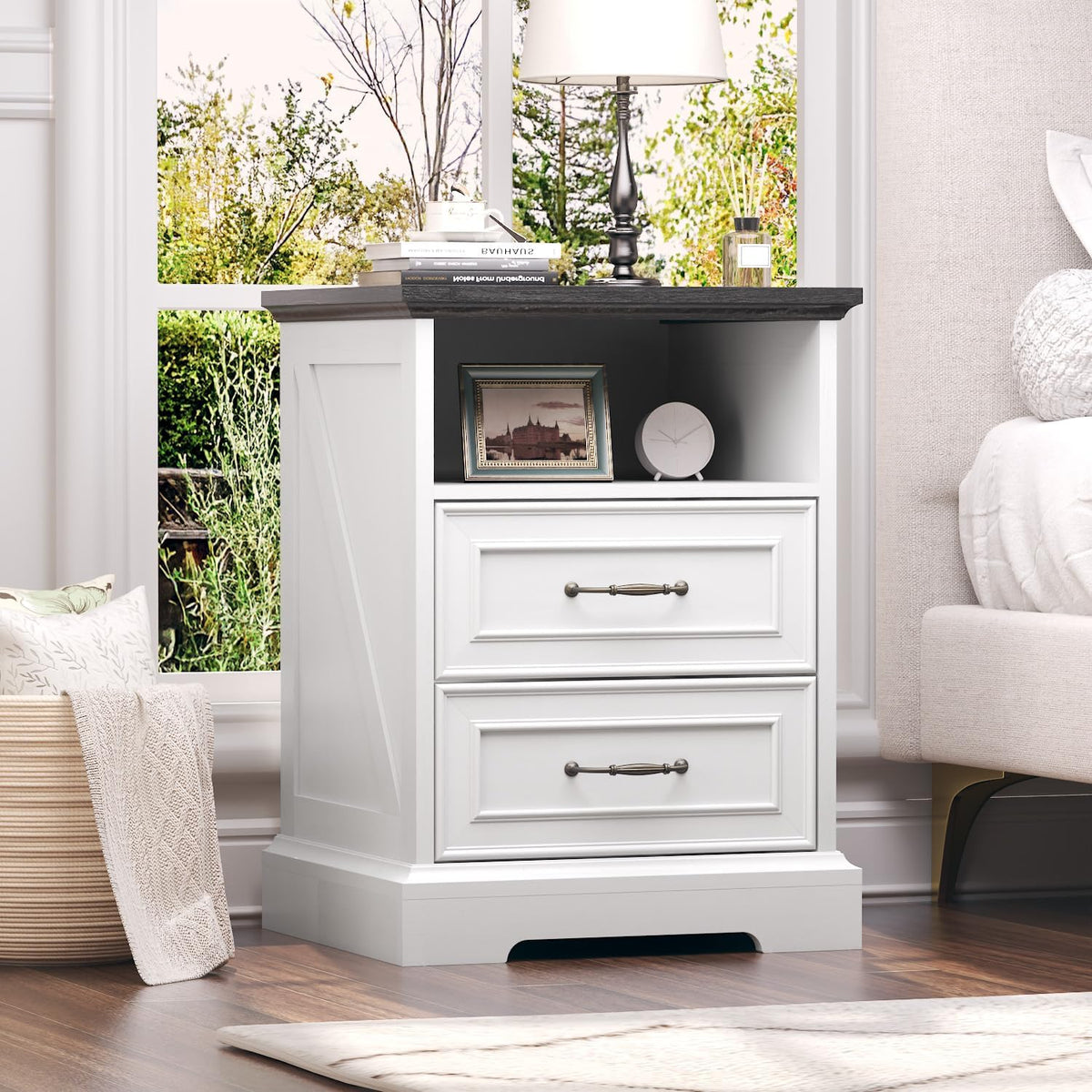 Nightstand with Charging Station, Rustic Farmhouse Wood Small Dresser, Bedside