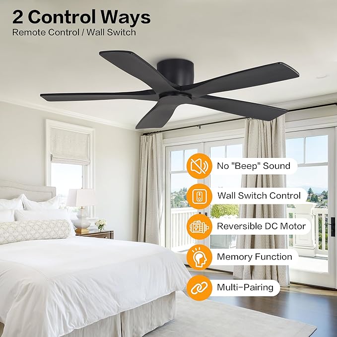 WINGBO 54" Flush Mount DC Ceiling Fans Without Lights, 5 Carved Solid Wood - Image 2