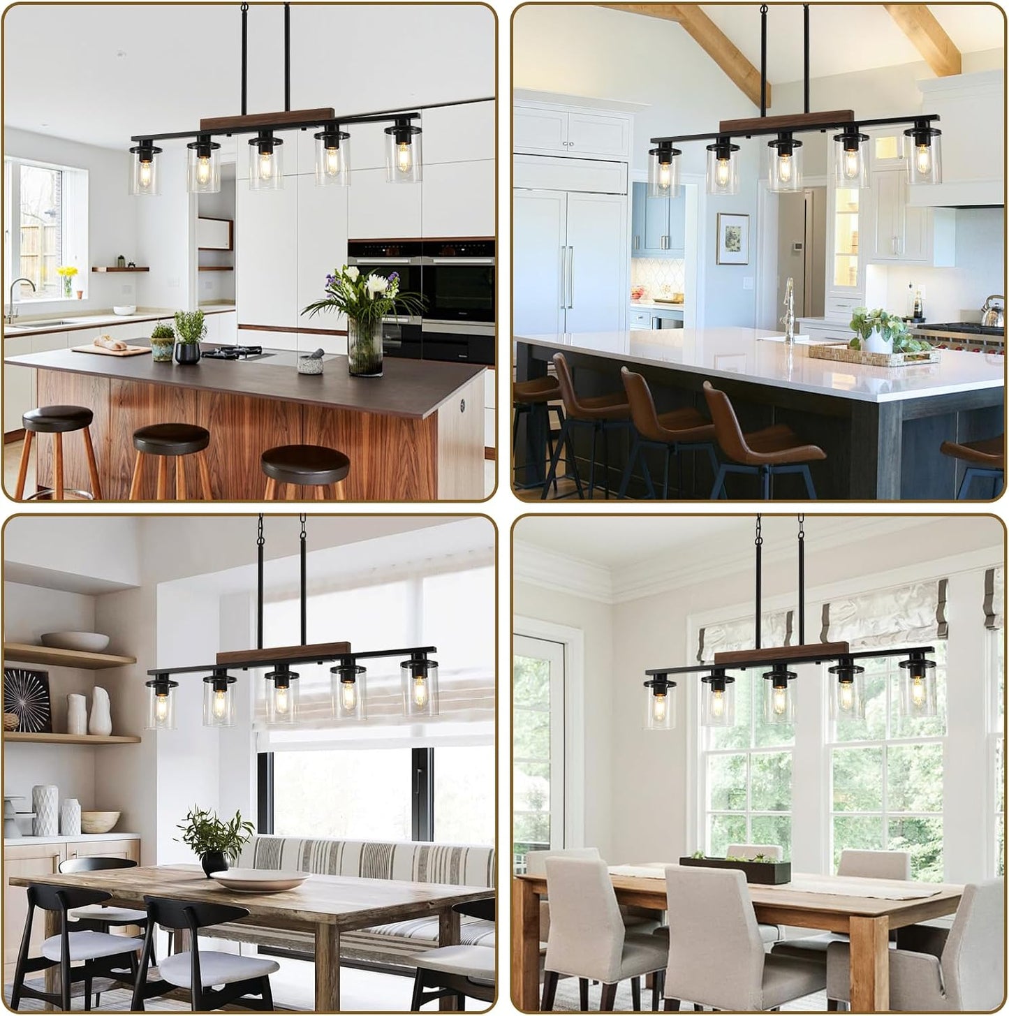 36.2‘’ Kitchen Lighting, 5-Light Dining Room Light Fixture Chandelier Over Table, Black Modern Rustic Wood Ceiling Pendant Light Fixtures, with Clear Glass Shade, Farmhouse Chandelier | 5‑Light Matte Black Pendant Lights,Wood Rustic Linear Kitchen Island