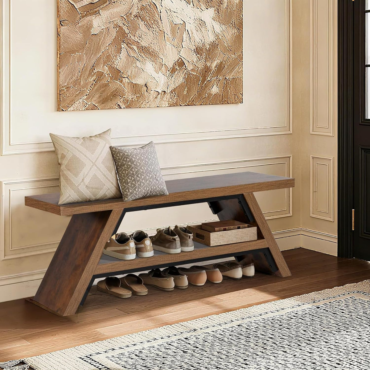 2-tier shoe storage bench, 47" solid wood entryway, main product view