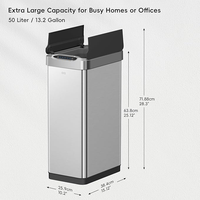 EKO Phantom-T 50 Liter / 13.2 Gallon Vertical Motion Sensor Trash Can, Brushed - Image 2