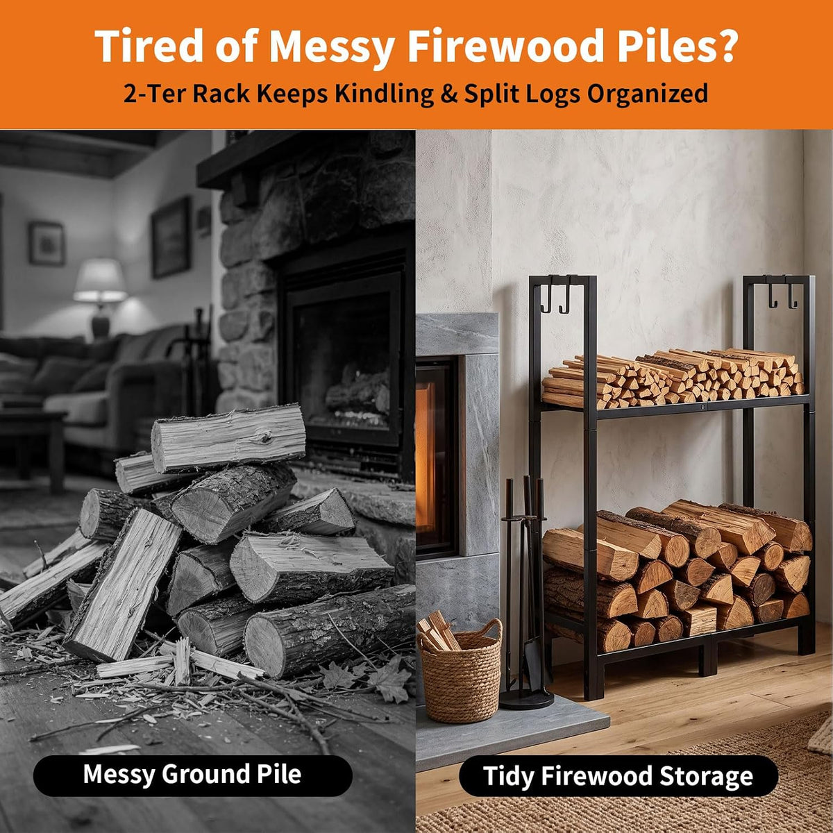 firewood rack indoor outdoor with log carrier, 2-tier shown in use
