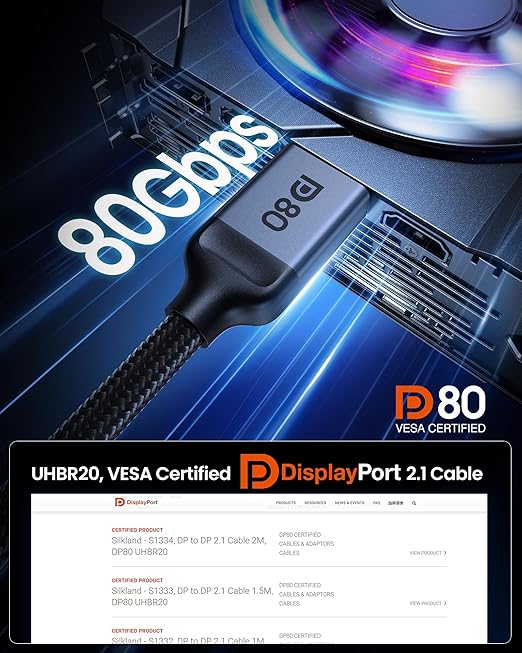 Silkland 80Gbps DisplayPort Cable 2.1 3.3FT, DP 2.1 Cable 16K, DP80 HDR DSC - Image 4