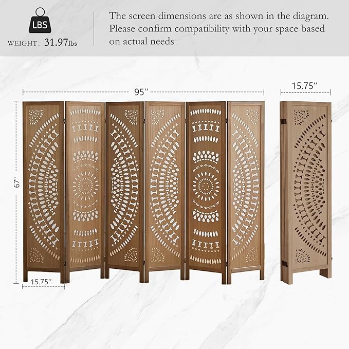 ALeesing 6 Panel Wood Room Divider Fully Assembled, Decorative Room Dividers - Image 2