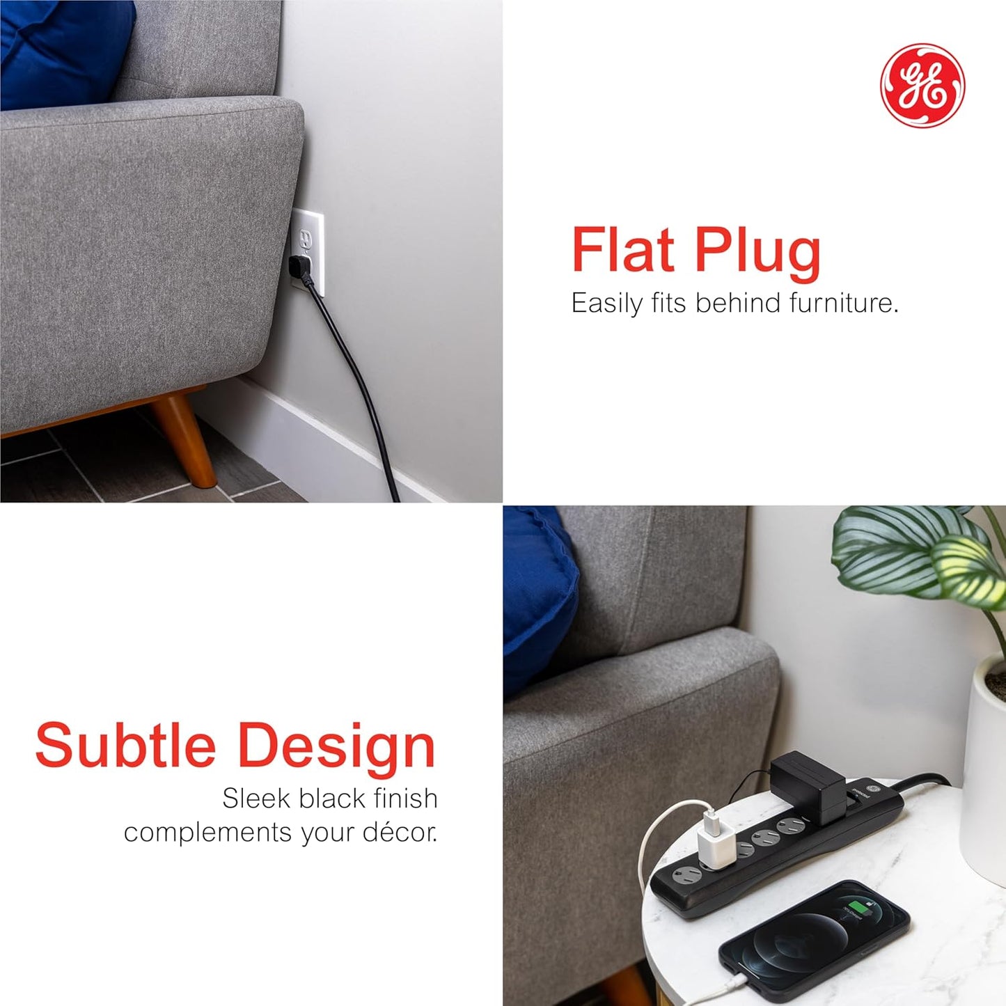 GE Surge Protector Power Strip, 10 Ft Extension Cord, 6 Outlet Extender | 800 Joules, Flat Plug, Wall Mount, Twist-to-Close Safety Covers, ETL Safety Listed, Black, 37442