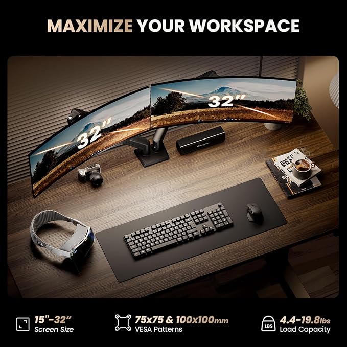 SIAGO Dual Monitor Stand, 15 to 32 Inch Monitor Arm, Adjustable Monitors Mount - Image 6