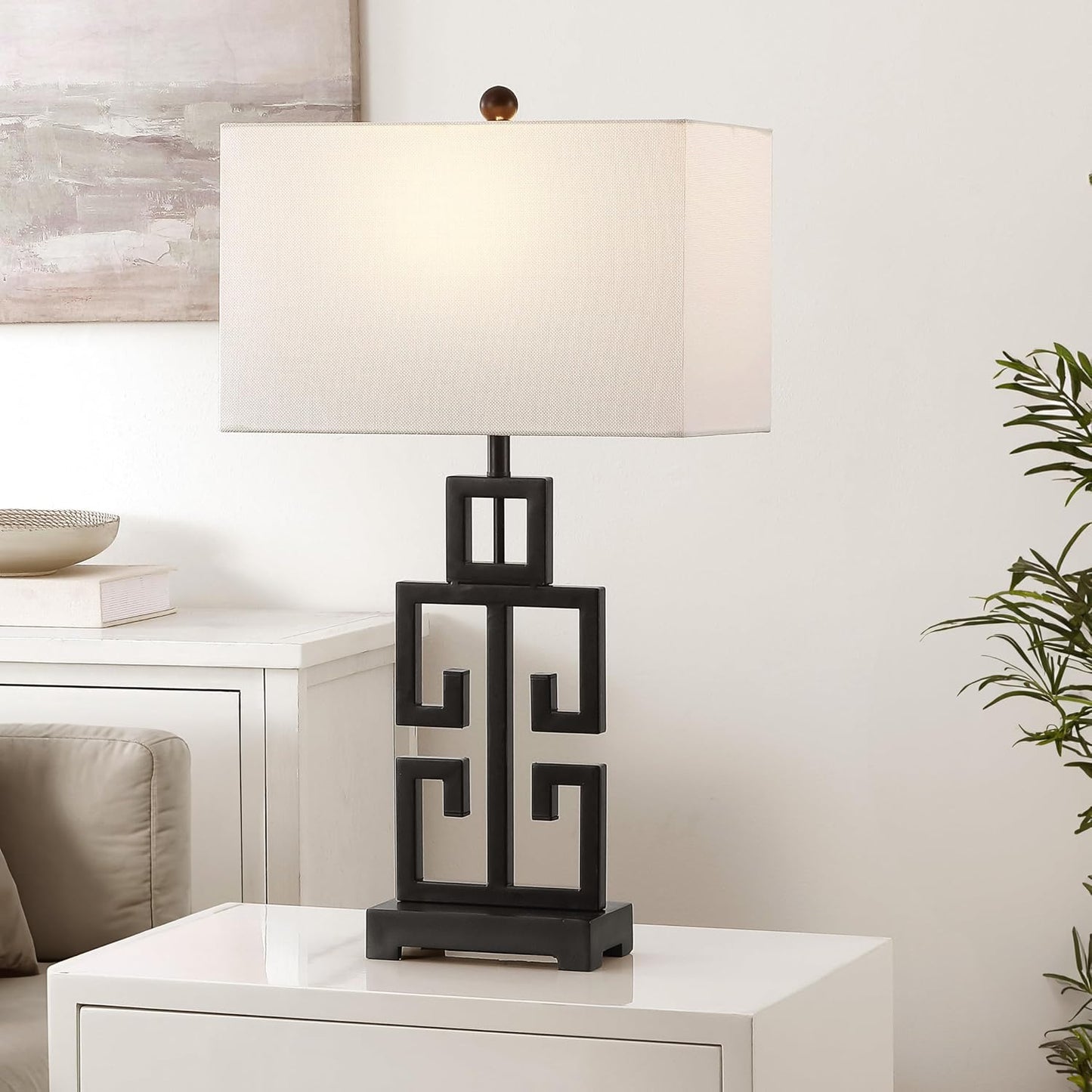 SAFAVIEH Lighting Collection – Greek Key Table Lamp Set of 2 – Oil-Rubbed Bronze Base with White Fabric Shade, LED Bulbs Included, 29-Inch Bedroom Living Room Desk Lamps (LIT4305B-SET2)