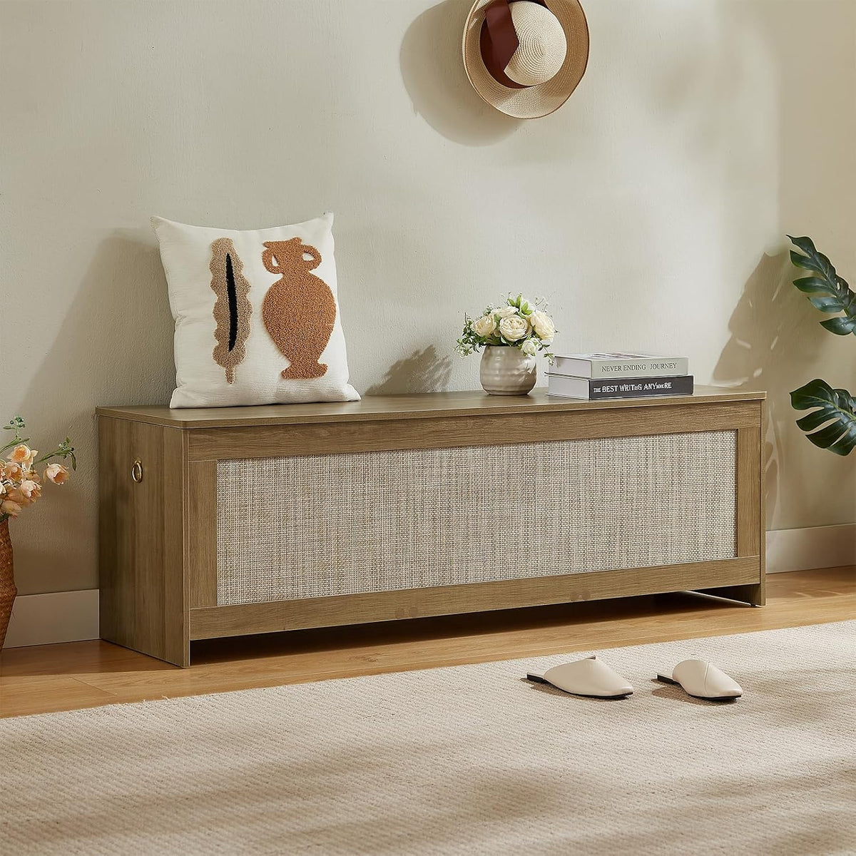 55.1" storage chest extra large,rattan storage bench(cherry brown) shown in use