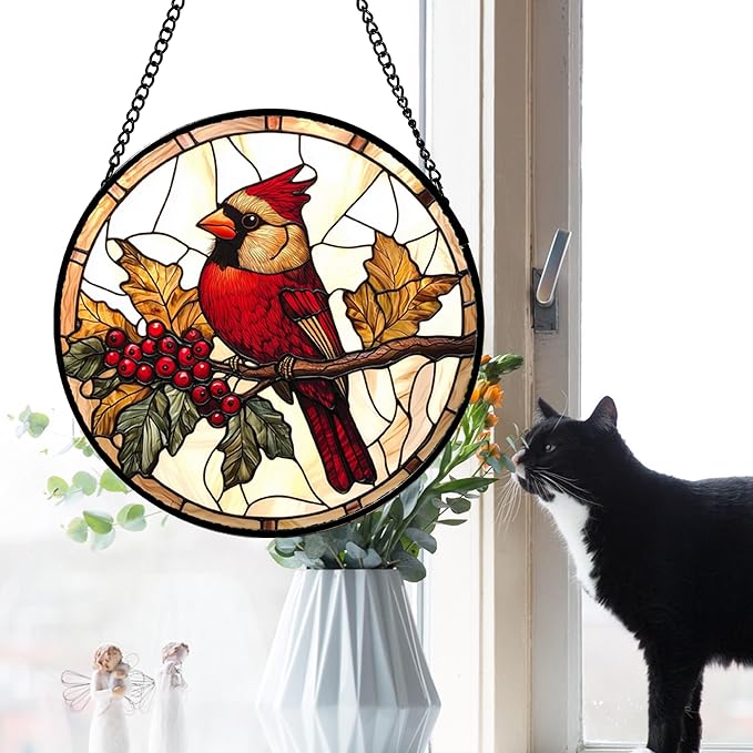 DASTOLL Stained Glass Window Hanging, Birds on a Branch Cardinal Sun Catchers - Image 3