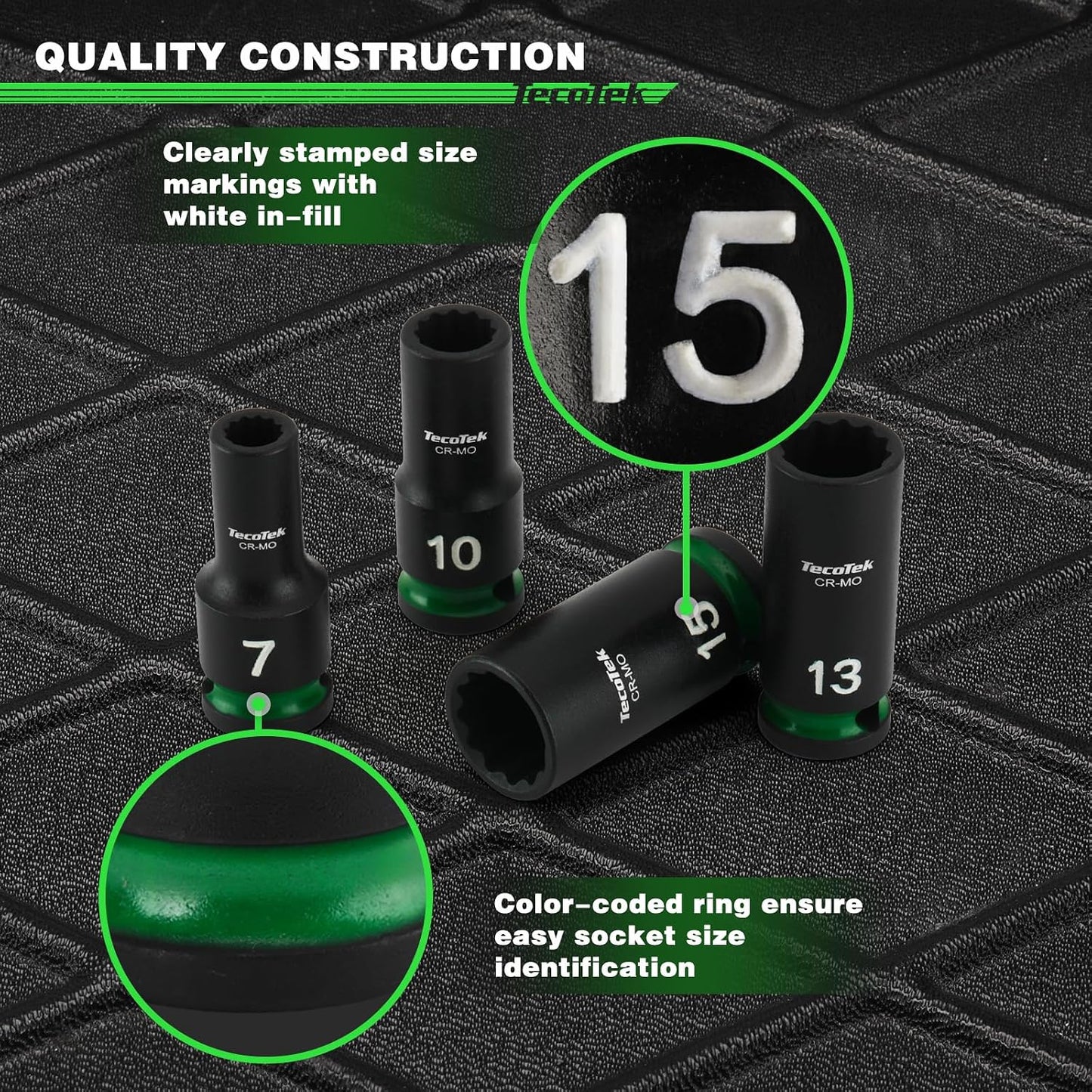 TecoTek 3/8-Inch Drive 12-Point Metric Semi-Deep Impact Socket Set, Mid-Length Socket Set, 7mm to 19mm, CR-MO, Stamped and Ink Filled Size Marking, 13-Piece