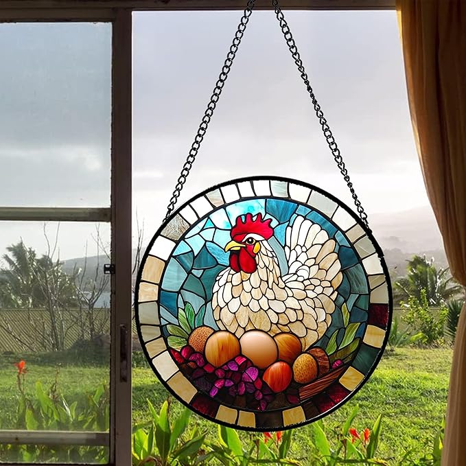 DASTOLL Stained Glass Window Hanging White Chicken Hatching Eggs 6.3" - Image 4