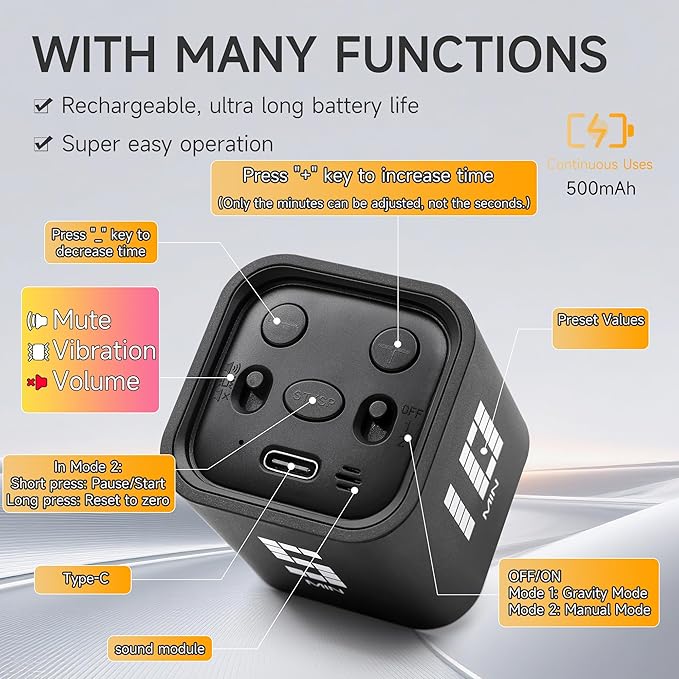 Rotating Productivity Timer 5, 60 Minutes Preset, Desk Cube w/Gravity Sensor - Image 4