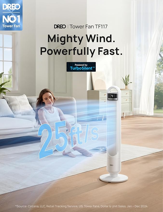 DREO Tower Fan for Bedroom, 4 Speeds, 3 Modes Standing Fans for Room - Image 2