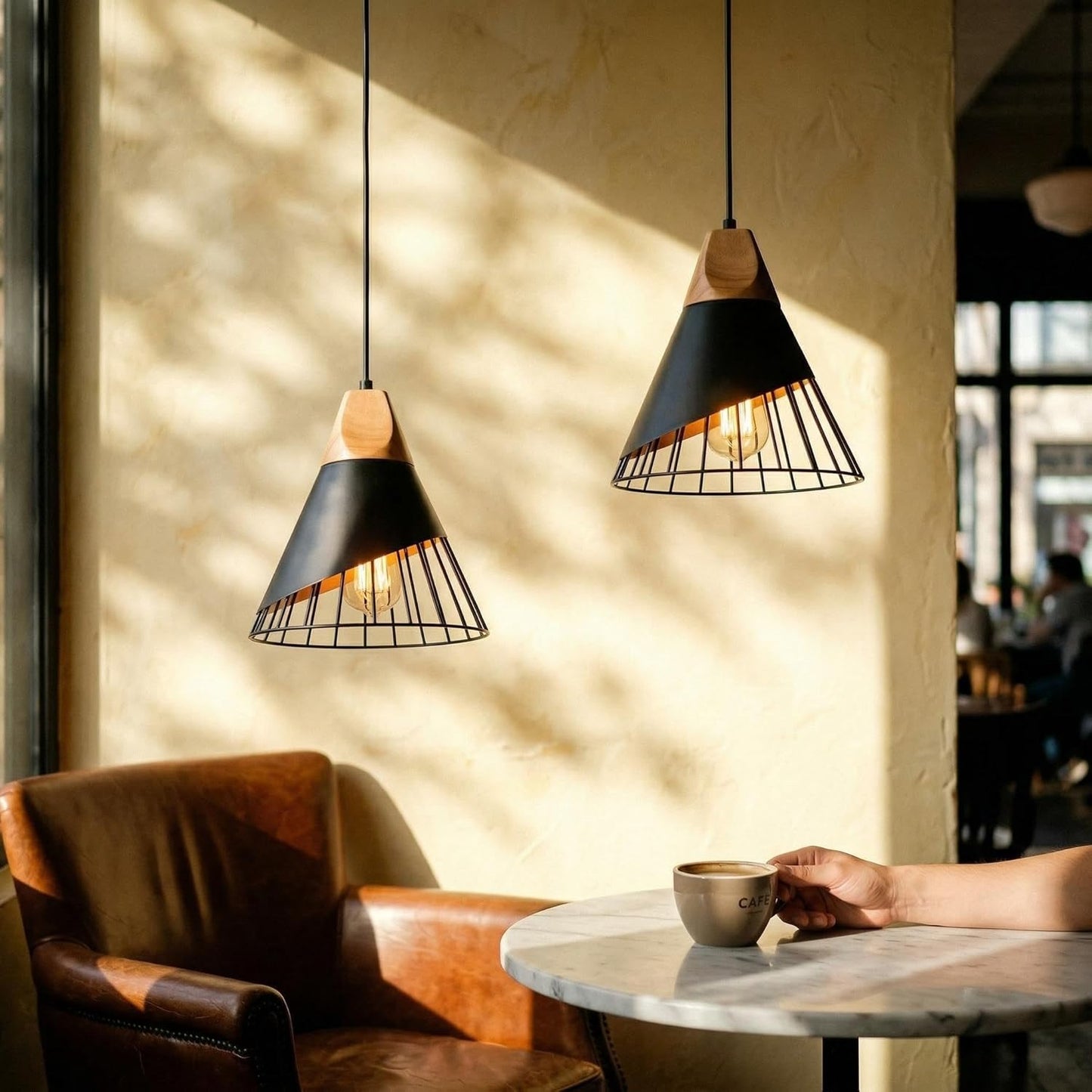 2 Pack Modern Farmhouse Pendant Light,Wood Top Black Slanted Metal Wire Cage Hanging Light Fixture,Adjustable E26 Pendant Lighting for Kitchen Island,Dining Table,Entryway Indoor Home Decor