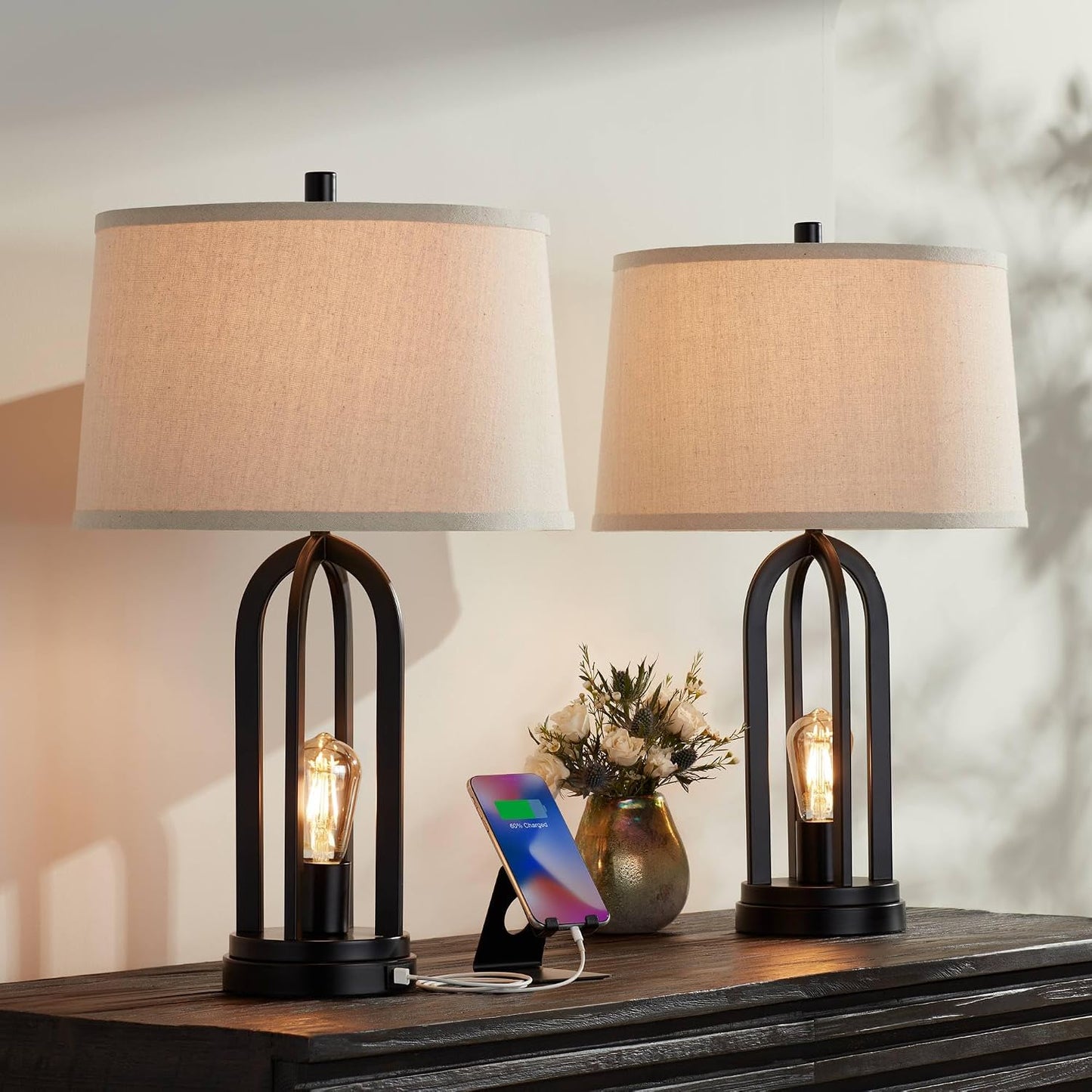 Marcel 24 1/4" High Table Lamp USB Set of 2 LED Night Light Black Modern | USB Port A+C Charging Natural Industrial Metal Bedroom Living Room House Bedside Nightstand Linen Shade