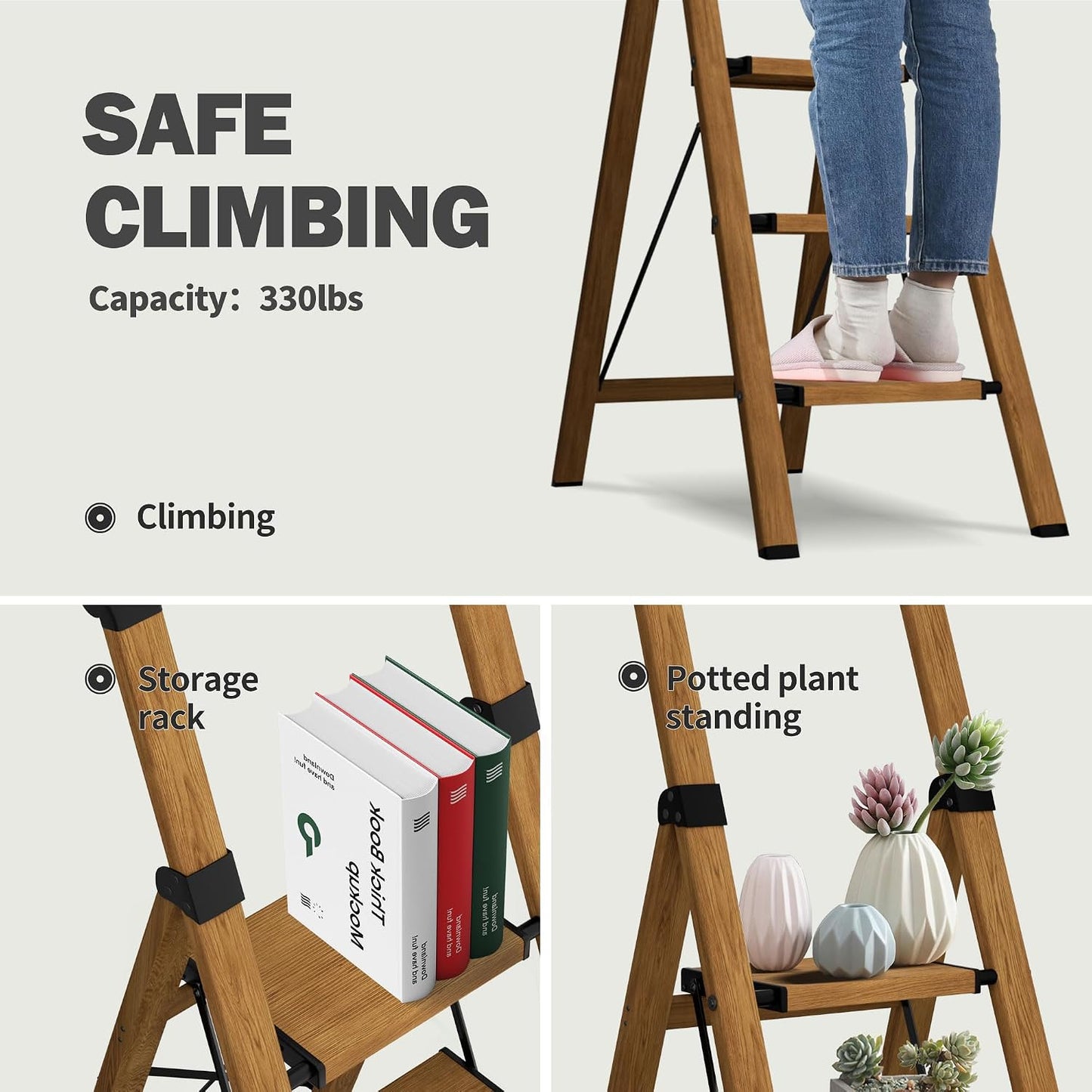 4 Step Ladder,Lightweight Folding Step Stool with Aluminum Wide Pedal& Convenient Handgrip,330lbs Capacity Steel Ladder for Household and Office(Woodgrain) | Step ladder with handrail & folding anti-slip steps, 330 lbs for home,kitchen,office,outdoor,Gold