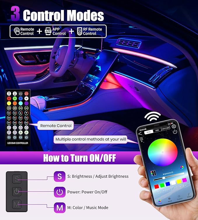 KENANEK 175’’ Acrylic Car Ambient Lighting Kit – 6 RGB LED Light Strips - Image 6