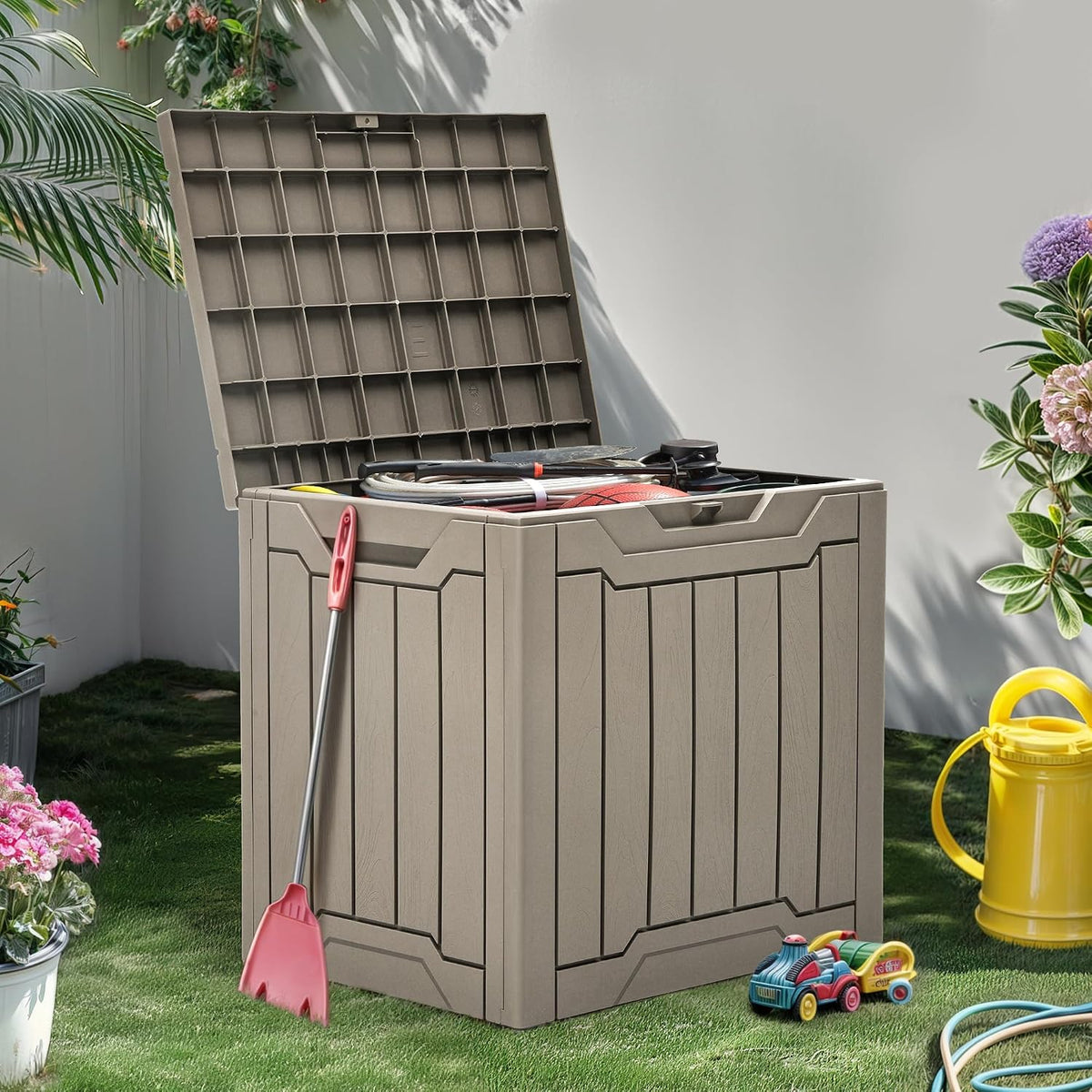 yitahome outdoor resin storage box 31 gal, water-resistant, close-up detail