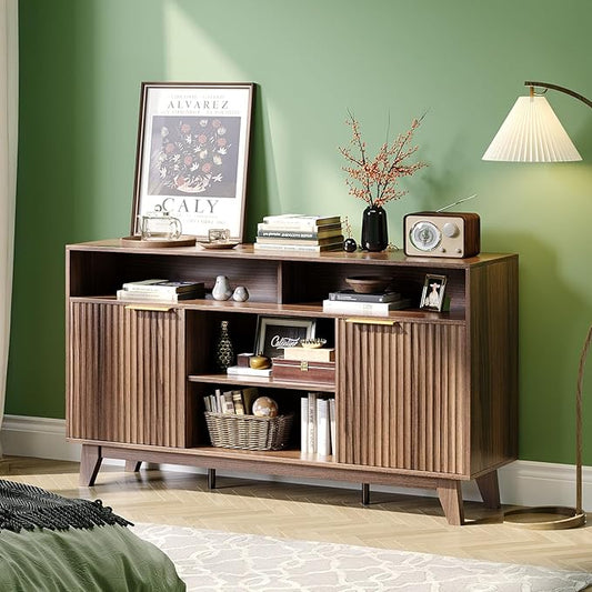 VINGLI Boho Fluted TV Stand for 70" TV, Solid Wood Entertainment Center by VINGLI