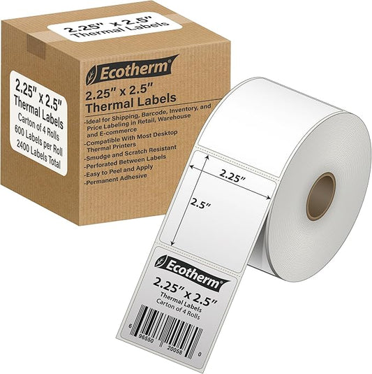 2.25" x 2.5" Thermal Labels | 4 Rolls | 2400 Labels | fits Zebra, Offnova by EcothermProducts