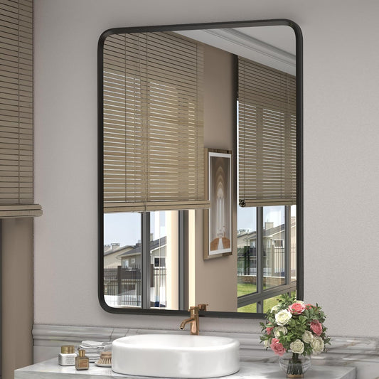 28x36 Black Bathroom Mirror for Wall, Matte Black Metal Framed Bathroom Vanity