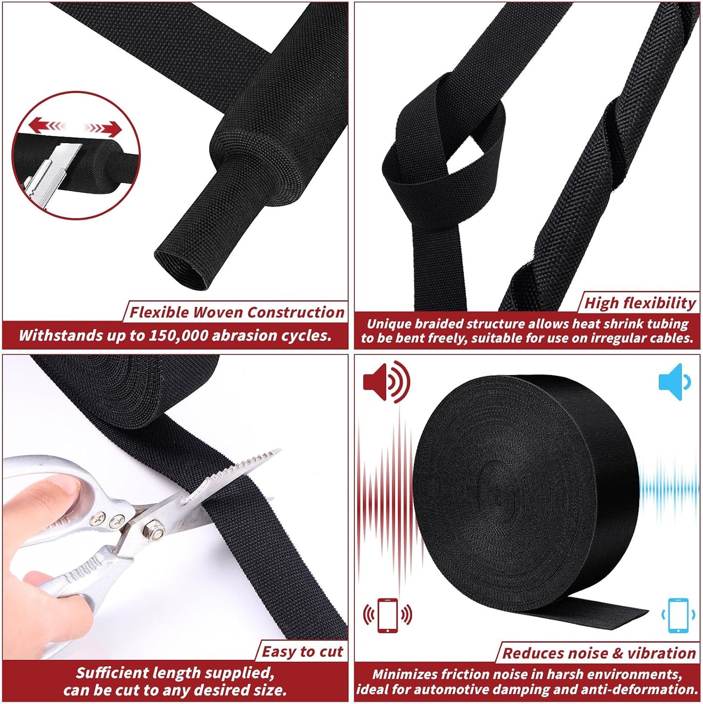 Oleitodh 100 ft 3/8 in 2:1 Heat Shrink Braided Sleeving, Black | Abrasion-resistant polyolefin and polyester sleeve for automotive wiring harness protection and cable management.