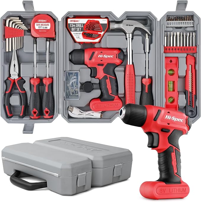 Hi-Spec 58pc Red 8V USB Electric Power Cordless Drill Driver and Home DIY Tool by Hi-SpecToolsUSA