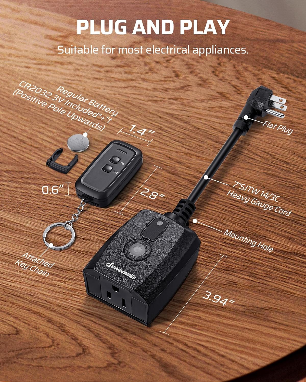 DEWENWILS Outdoor Remote Control Outlet, 125V 15A Wireless Remote Control Switch, 1 Remote 1 Outlet with SJTW Power Cord 100FT Control Range, Weatherproof