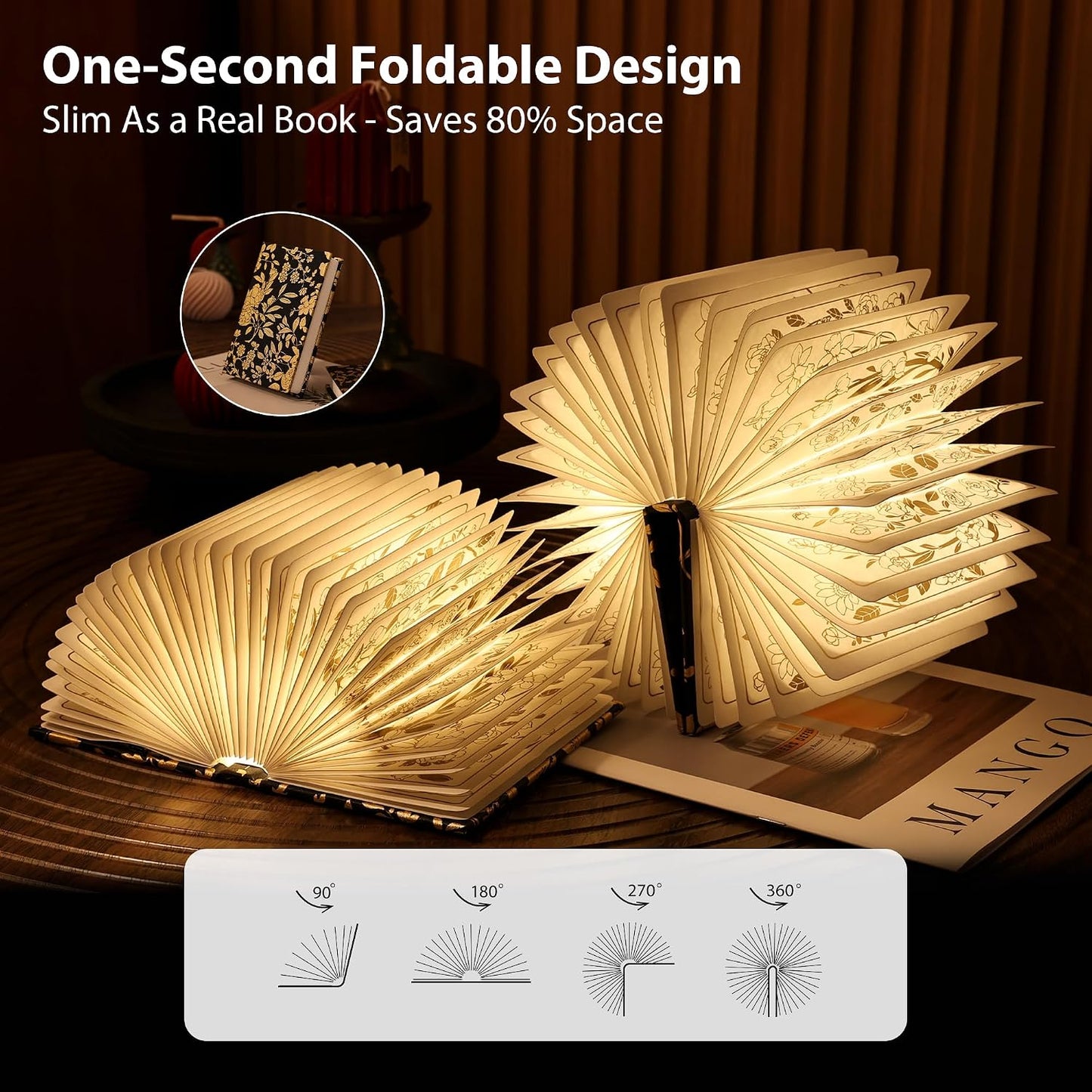 Book Lover Gift, Folding Book Lamp Decor, Portable Print Book Light | 1200mAh Rechargeable Night Light, Paper Desk Lamp, Reading Bookshelf Lamp, Gift for Women & Readers & Christmas (Black）