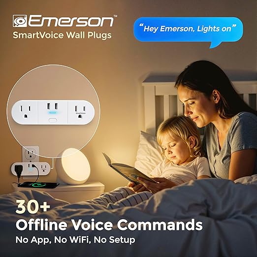 Emerson SmartVoice 4-in-1 Wall Plug, Offline 30+ Voice Control Commands - Image 2