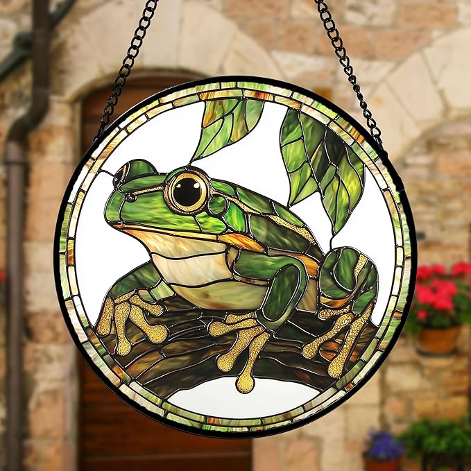 DASTOLL Stained Glass Window Hanging, Frog Green Leaf Sun Catchers Colorful - Image 4