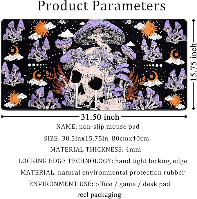 Black Mouse Pad Mushroom Desk Pad Skull Skeleton Purple Pc Laptop Office - Image 6