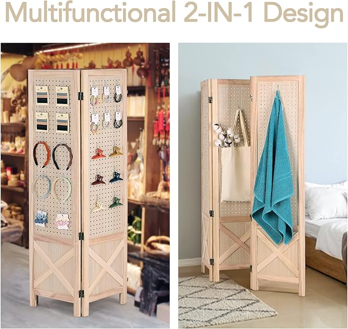 Wnutrees 4 Panel Pegboard Display, 5 Ft Wood Folding Privacy Screens Room - Image 3