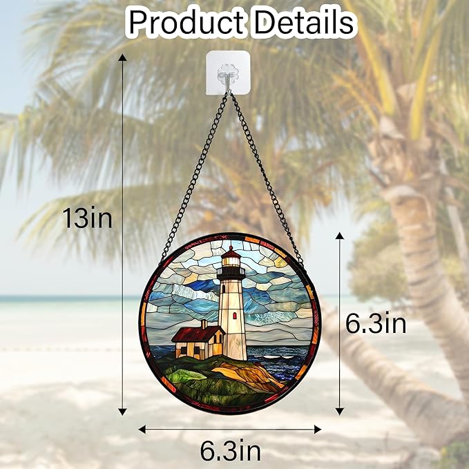 DASTOLL Stained Glass Window Hanging, Ocean Lighthouse Sun Catchers Glass Panel - Image 5