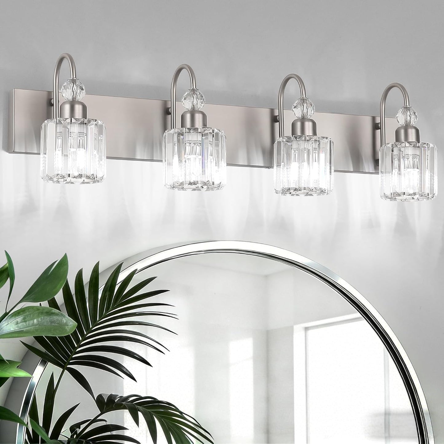 Ralbay 4-Light Crystal Vanity Light for Bathroom Brushed Nickel Modern Bathroom Light Fixtures