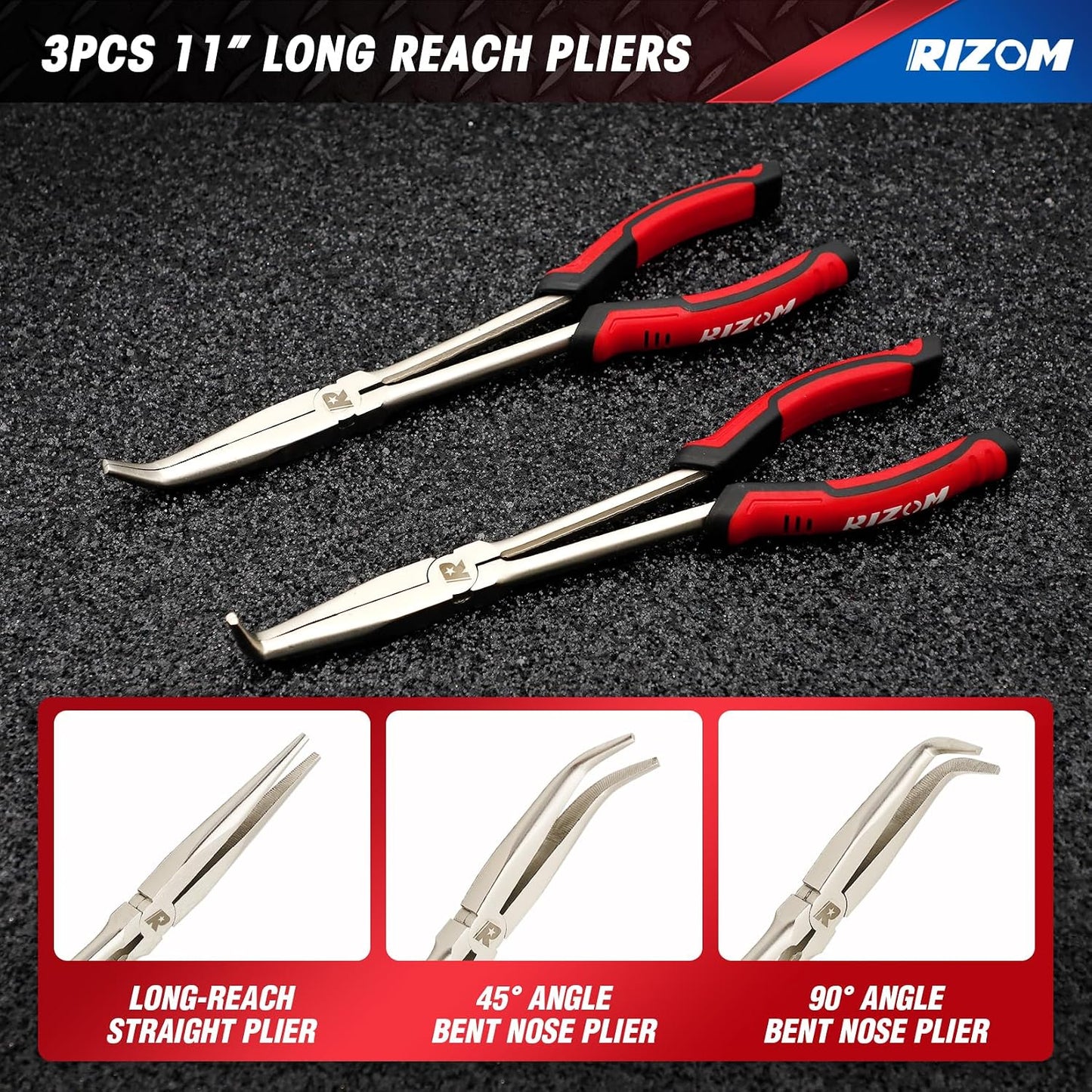 Rizom 3-Piece Long Needle Nose Plier Set, 11'' 90° & 45° Bent Nose Pliers | Cr-V Extra Long Curved Nose Pliers Set For Narrow Spaces