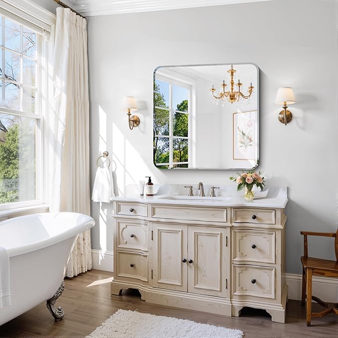 CILIBER Beveled Mirror 30"x30", Square Frameless Bathroom Mirror Rounded Corner - Image 3