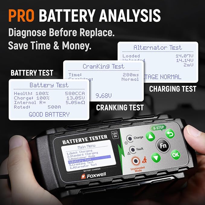 FOXWELL BC521 5A 12V Battery Charger & Tester, 4-in-1 Battery Maintainer - Image 3