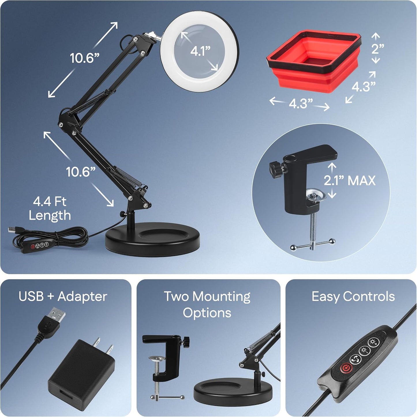10X Magnifying Lamp - Desk Magnifying Glass with Light, Lighted Magnifying Glass with Stand, Magnifying Light, 5 Color Modes, 2 Mounting Options, USB Cable, Adapter & Magnetic Tray, Black