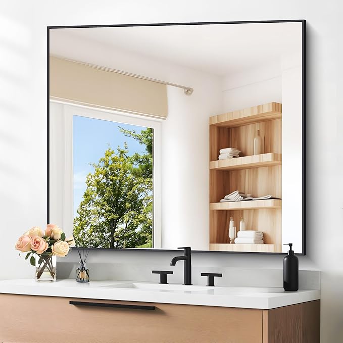 Black Bathroom Mirror for Wall, 36x40 Inch Rectangle Mirrors by DESBING