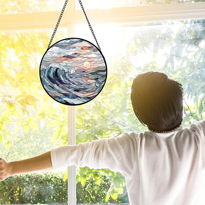 DASTOLL Stained Glass Window Hanging, Sunrise Waves Sun Catchers Diamond Glass - Image 3