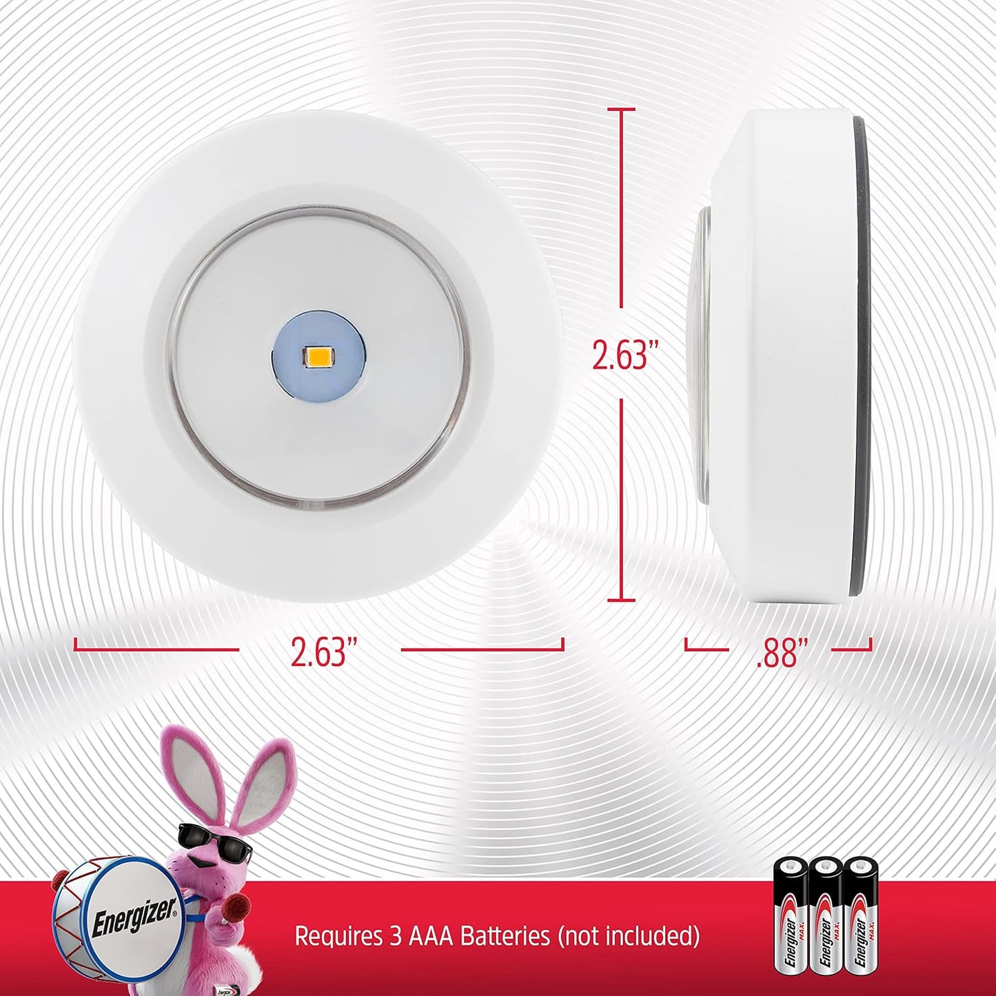 Energizer LED Puck Lights, 2 Pack, Battery Operated, Push Light, Wireless Lights, 50 Lumens, Tap Light, Stick On Lights, White, Perfect for Under Cabinet, Closets, Pantry, and More, 46009